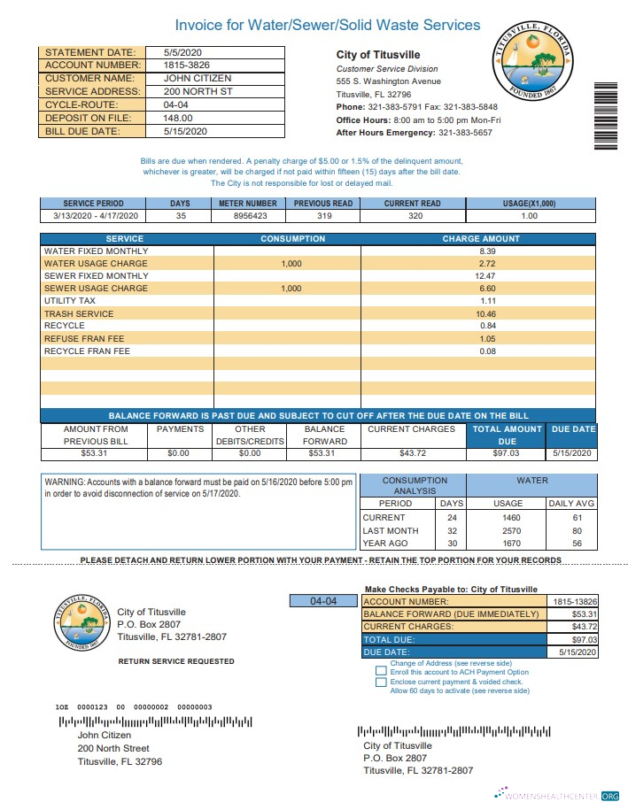 download USA City of Titusville Florida utility bill template in Word and PDF format (.doc and .pdf) PDF template
